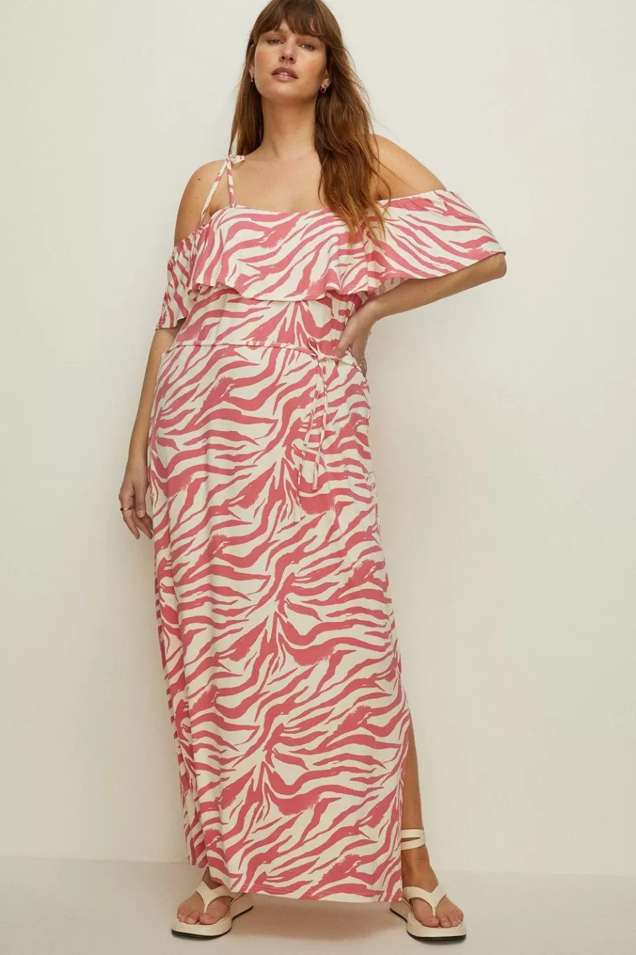 Oasis Plus Size Animal Printed Bardot Maxi Dress Pink Clearance