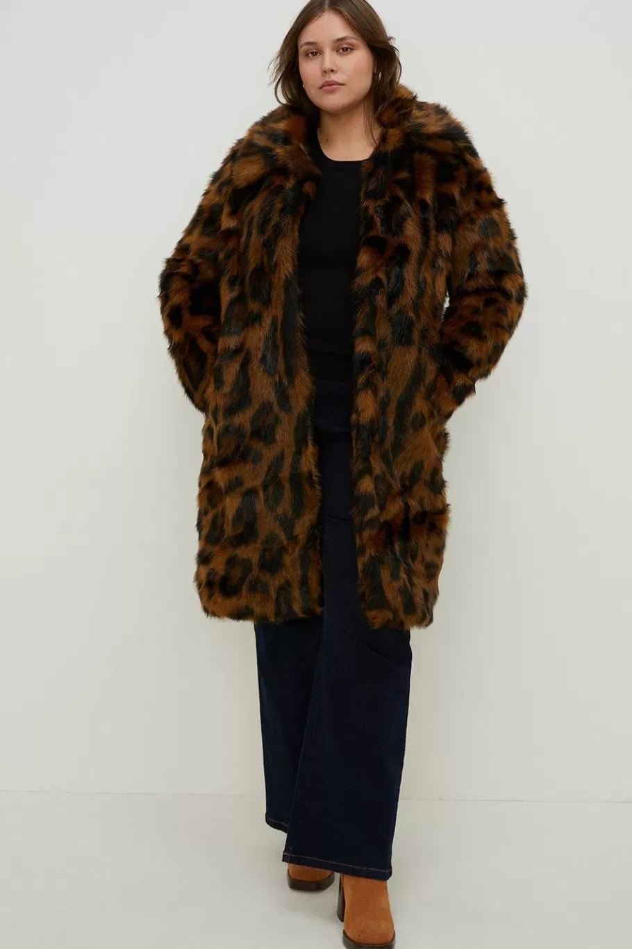 Oasis Plus Size Collared Animal Faux Fur Coat Brown Cheap