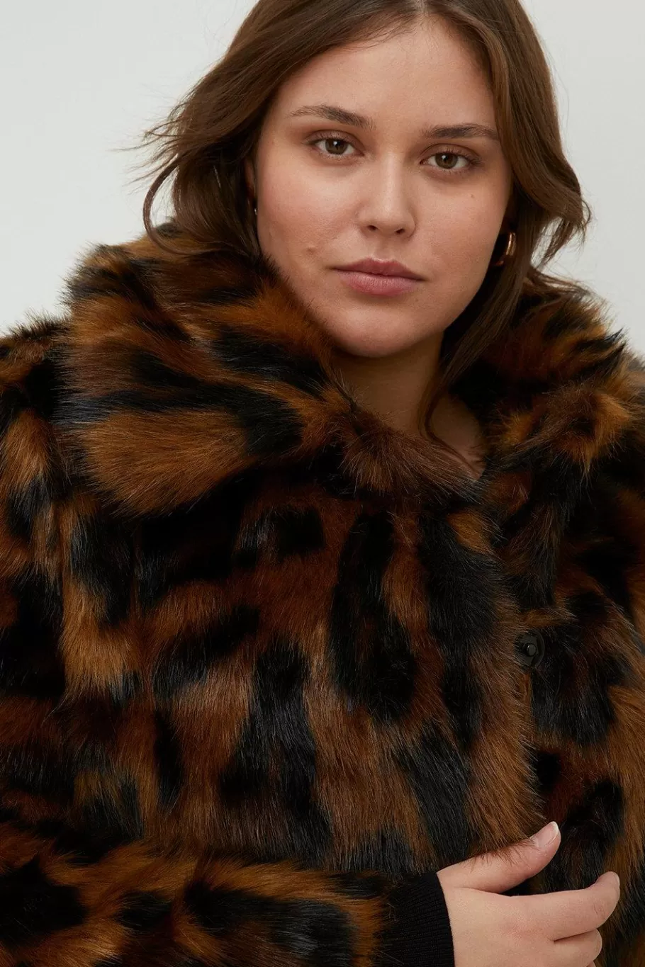 Oasis Plus Size Collared Animal Faux Fur Coat Brown Cheap