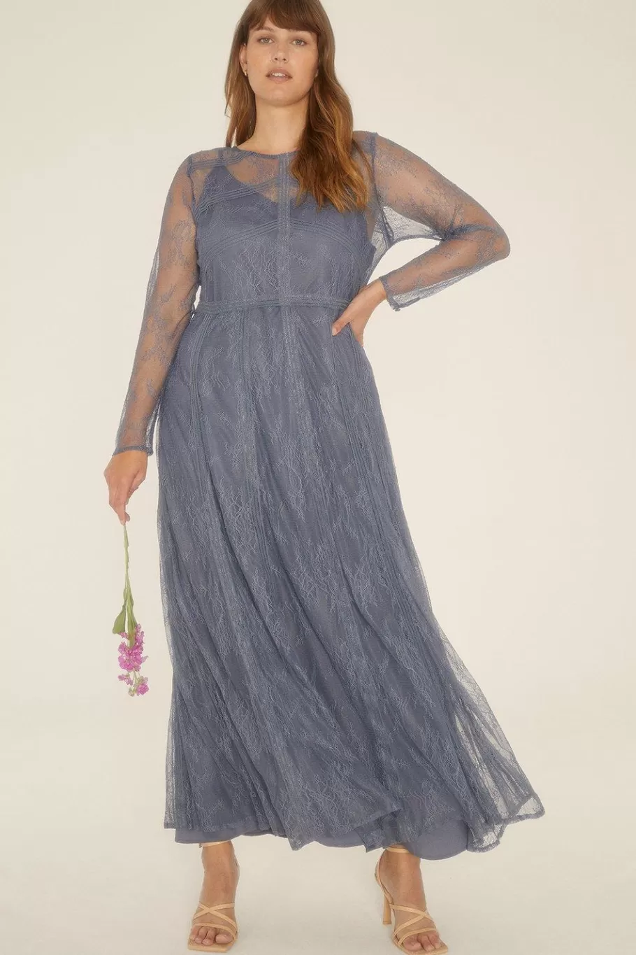 Oasis Plus Size Delicate Lace Long Sleeve Dress Slate Blue New