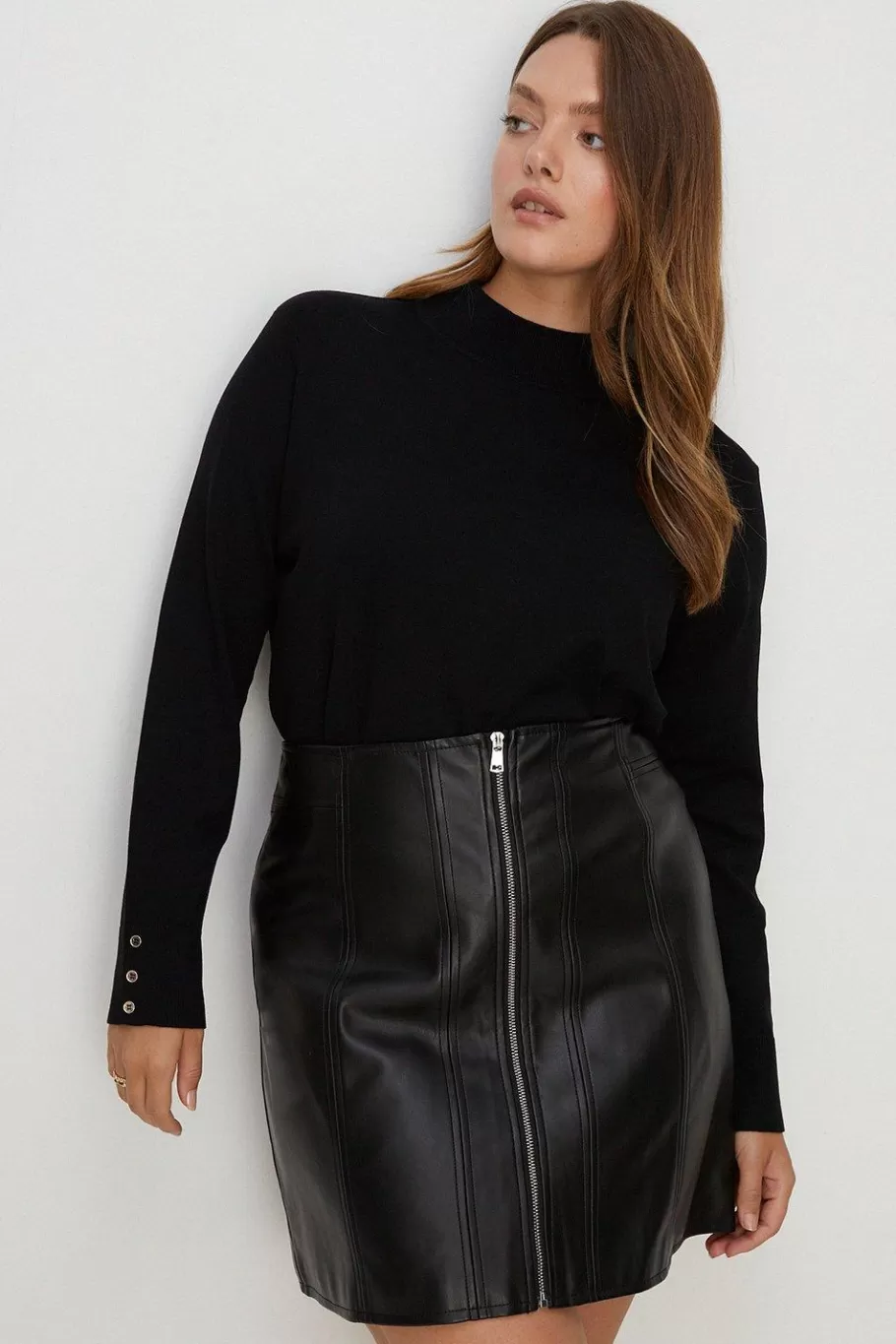 Oasis Plus Size Faux Leather Zip Through Skirt Black Fashion