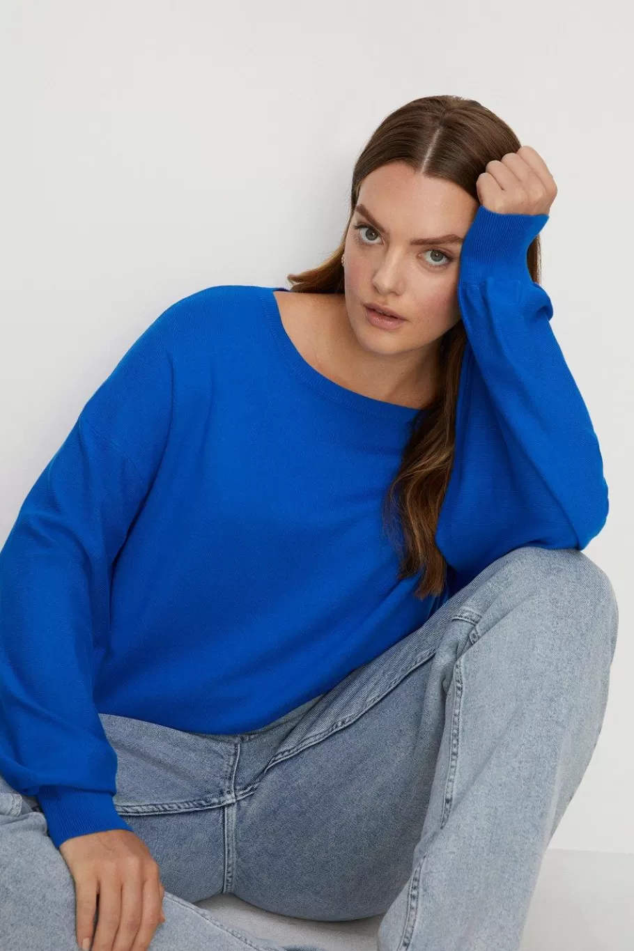 Oasis Plus Size Knitted Slash Neck Jumper Cobalt Discount