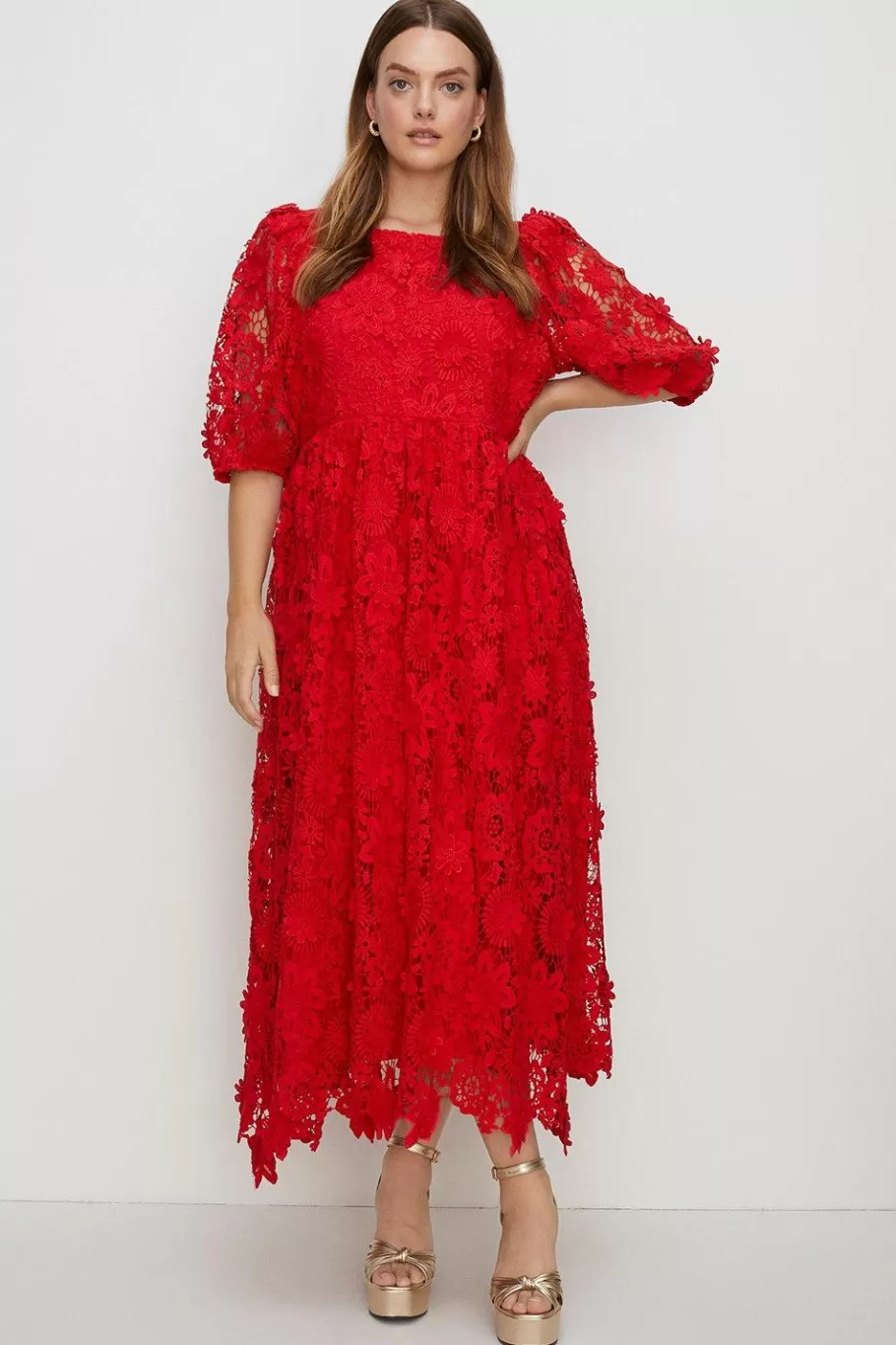 Oasis Plus Size Lace Puff Sleeve Midi Dress Red Discount