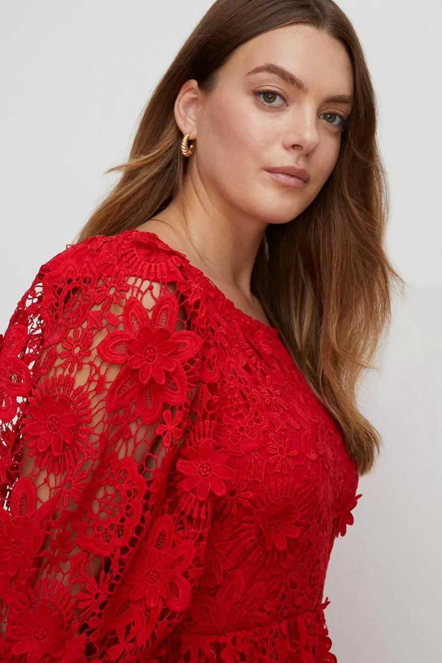 Oasis Plus Size Lace Puff Sleeve Midi Dress Red Discount