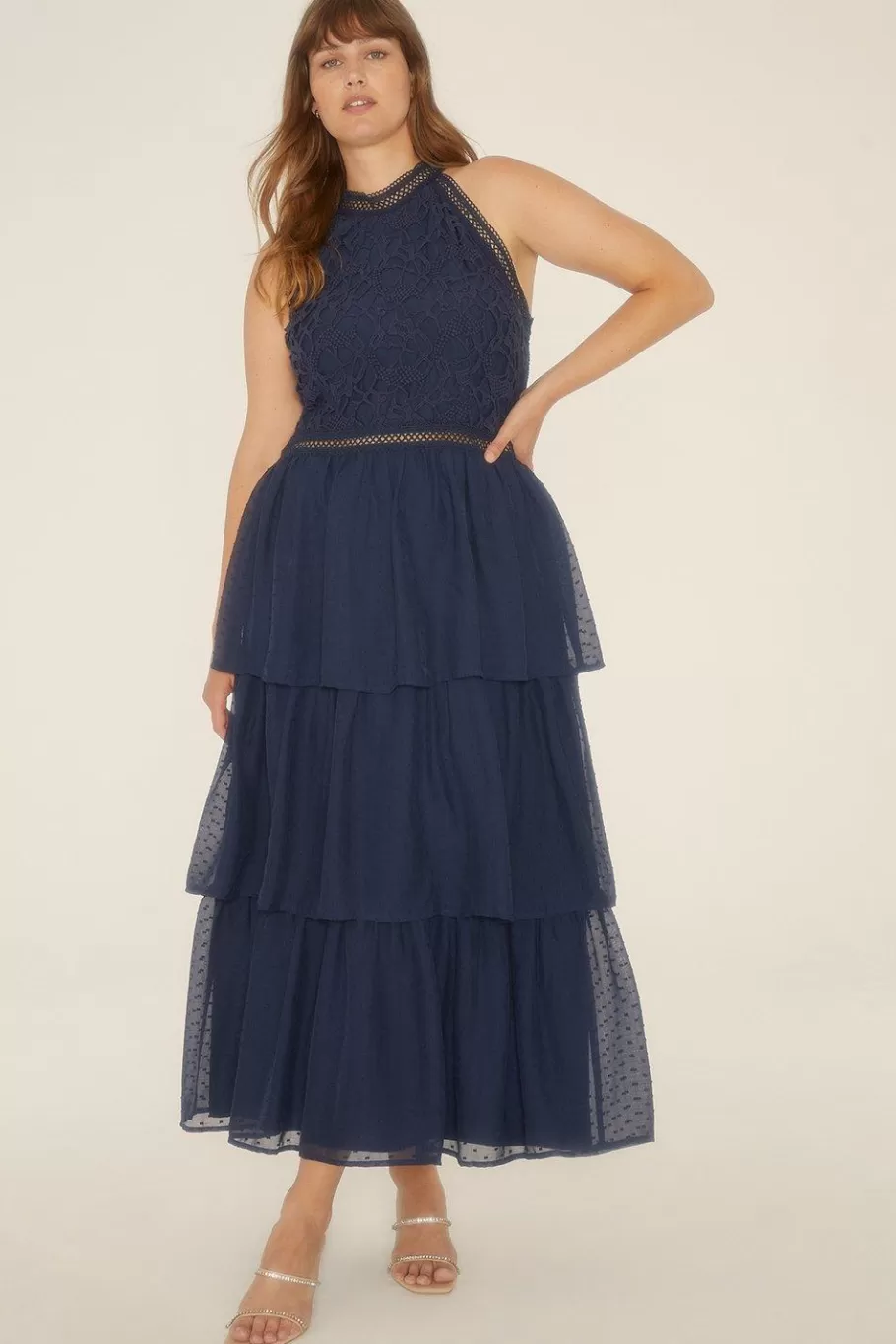 Oasis Plus Size Lace Tiered Halter Neck Dress Navy Best Sale