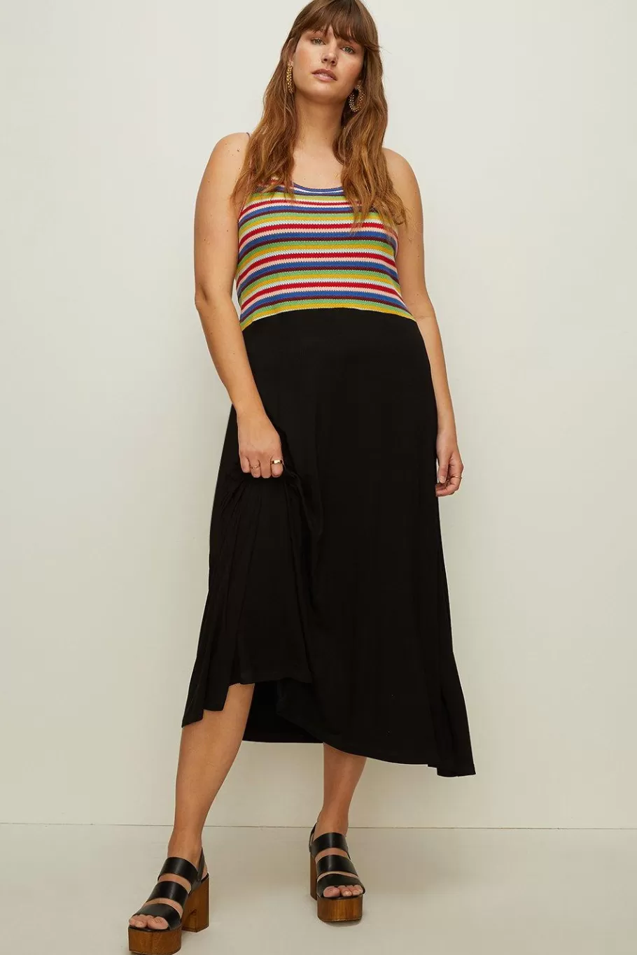 Oasis Plus Size Rainbow Knit Mix Midi Dress Black Fashion