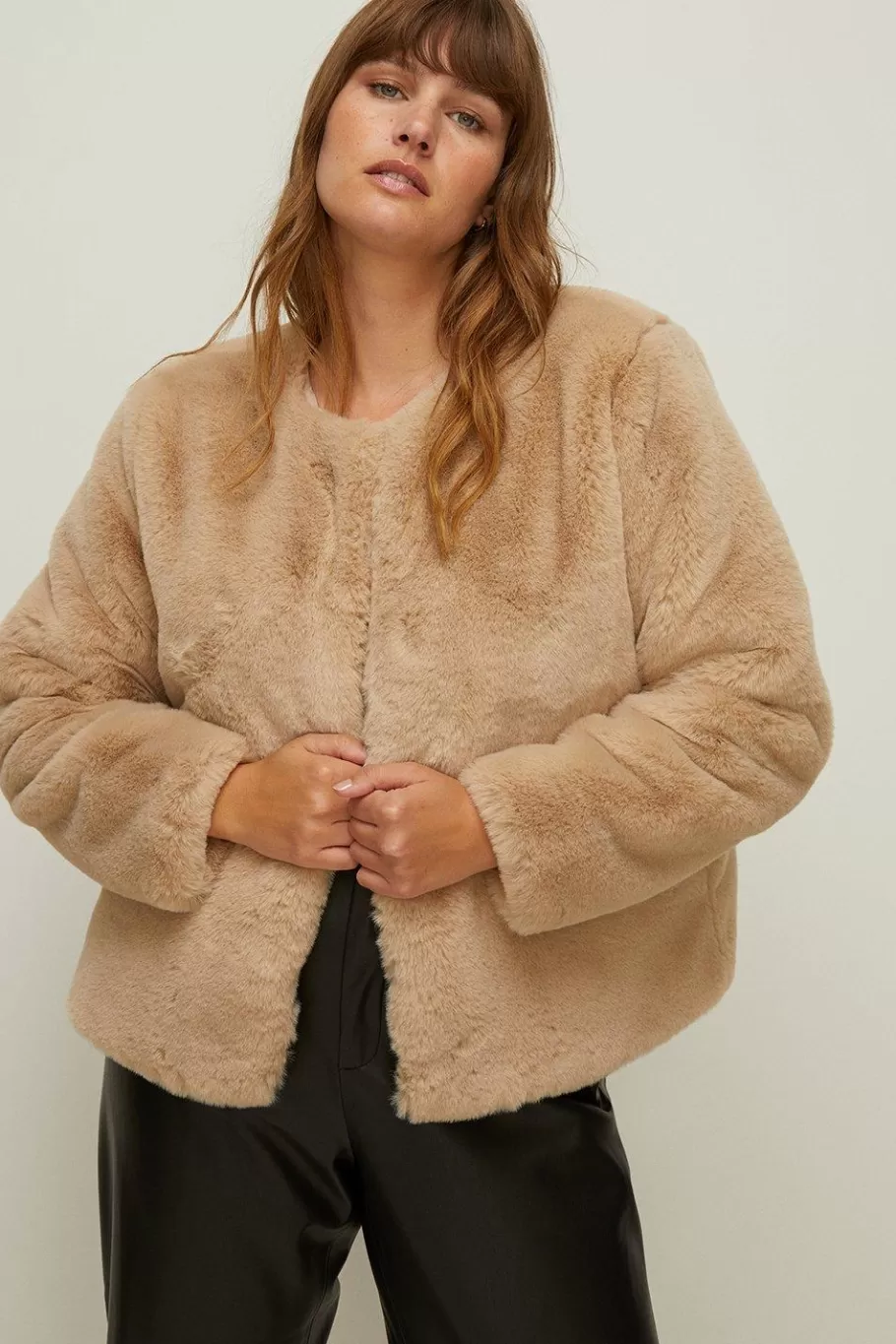 Oasis Plus Size Recycled Faux Fur Collarless Coat Camel New