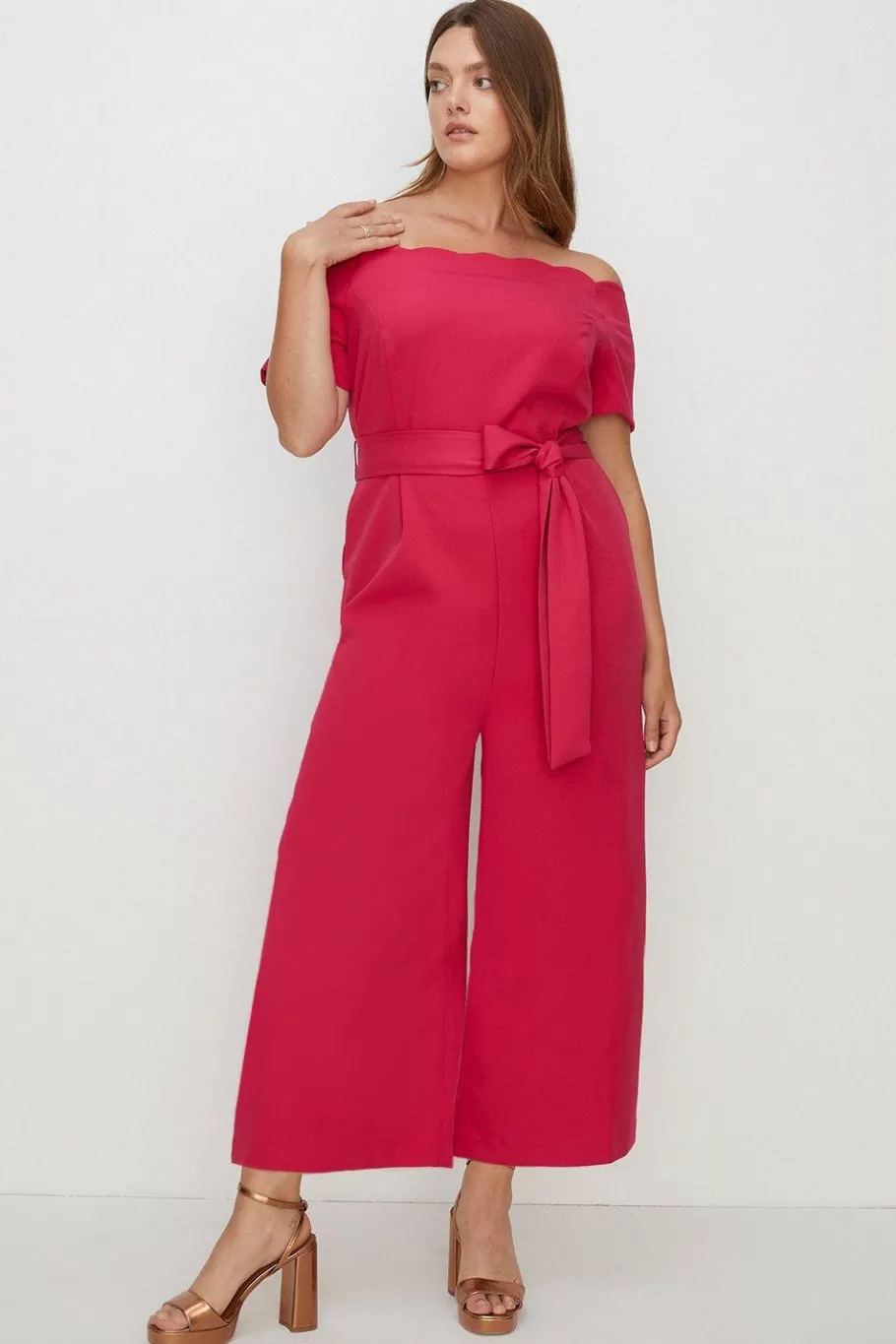 Oasis Plus Size Scallop Belted Bardot Jumpsuit Pink Clearance