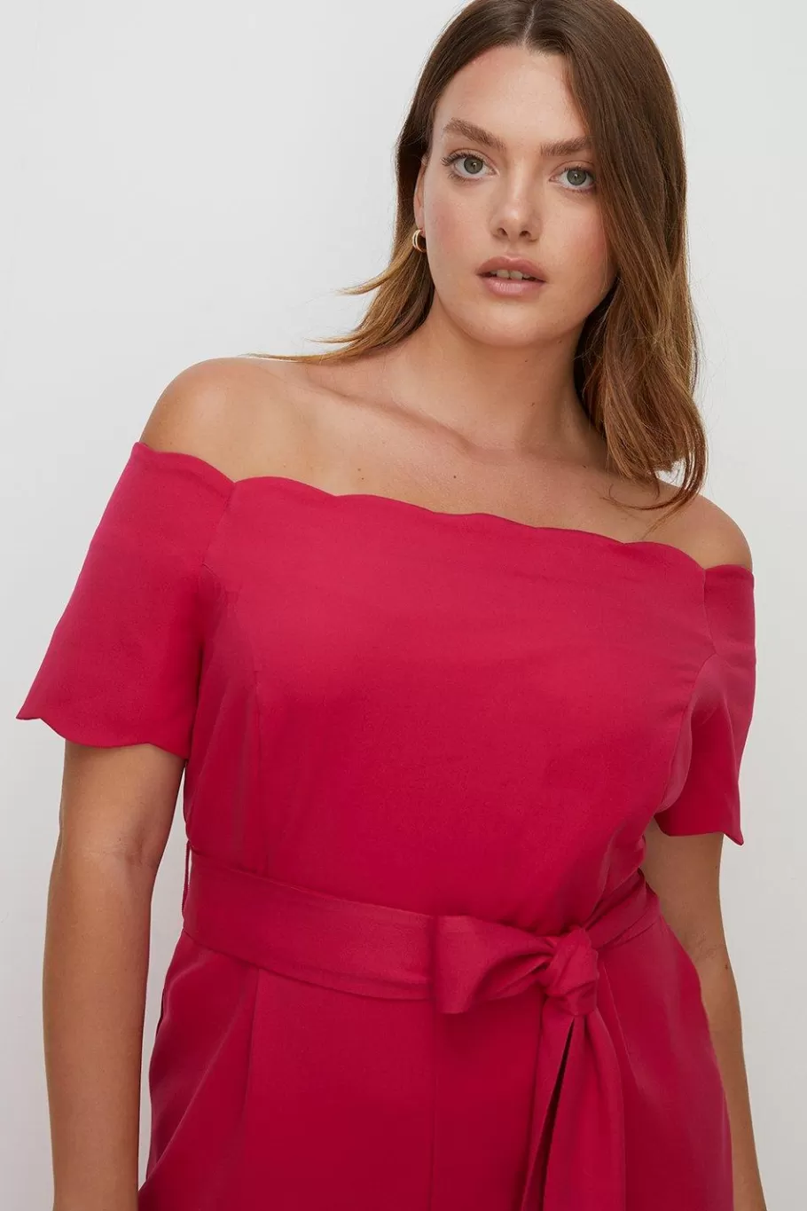 Oasis Plus Size Scallop Belted Bardot Jumpsuit Pink Clearance