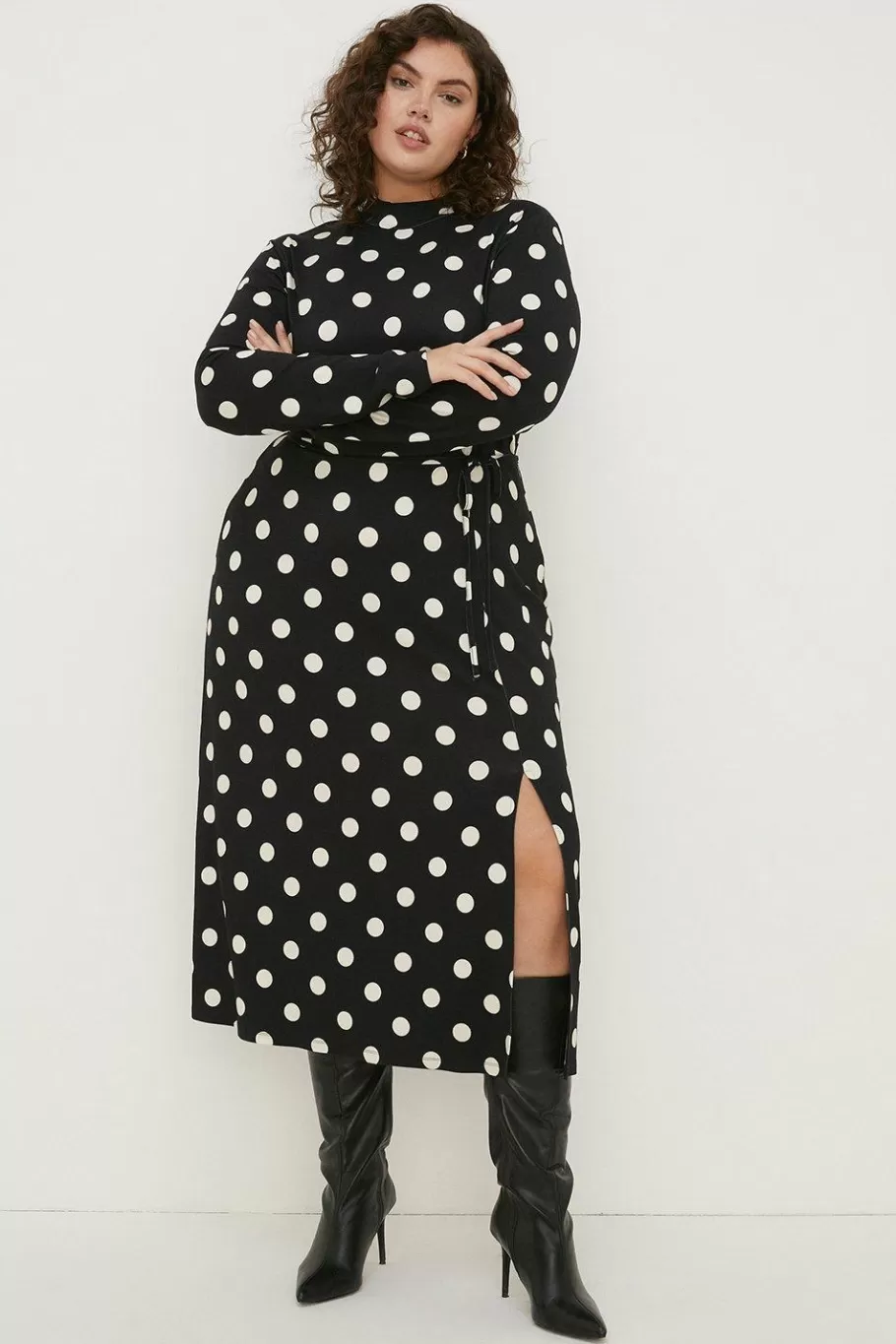 Oasis Plus Size Spot Funnel Neck Belted Midi Black Discount