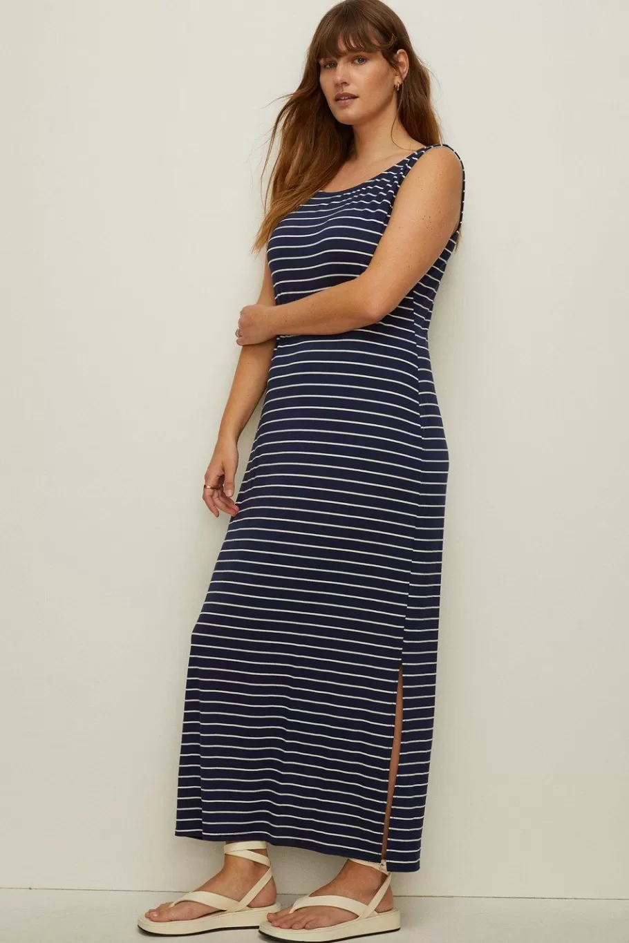 Oasis Plus Size Stripe Scoop Neck Maxi Dress Navy Outlet