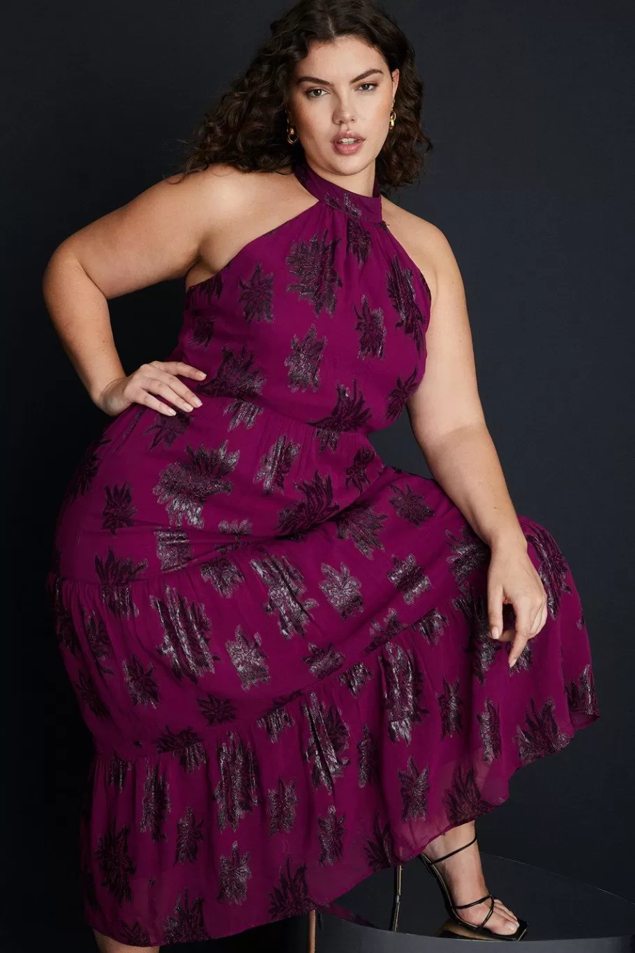 Oasis Plus Size Tiered Halter Neck Metallic Dress Berry Shop