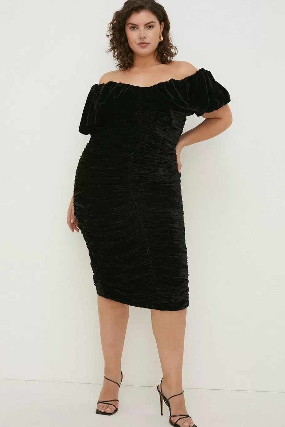 Oasis Plus Size Velvet Ruched Bardot Midi Dress Black Cheap