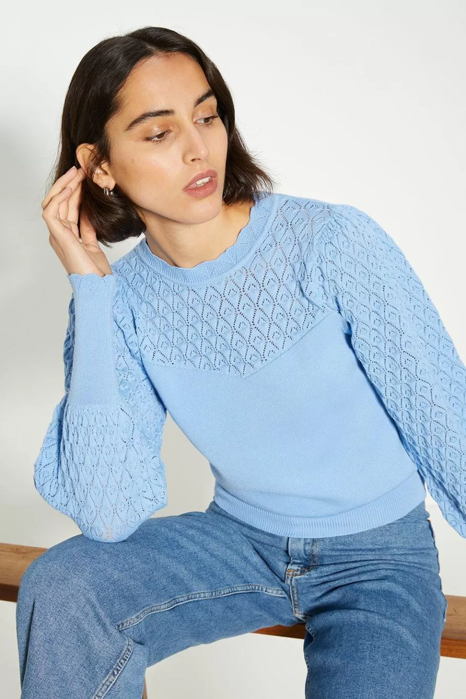 Oasis Pointelle Detail Mutton Sleeve Jumper Blue Flash Sale