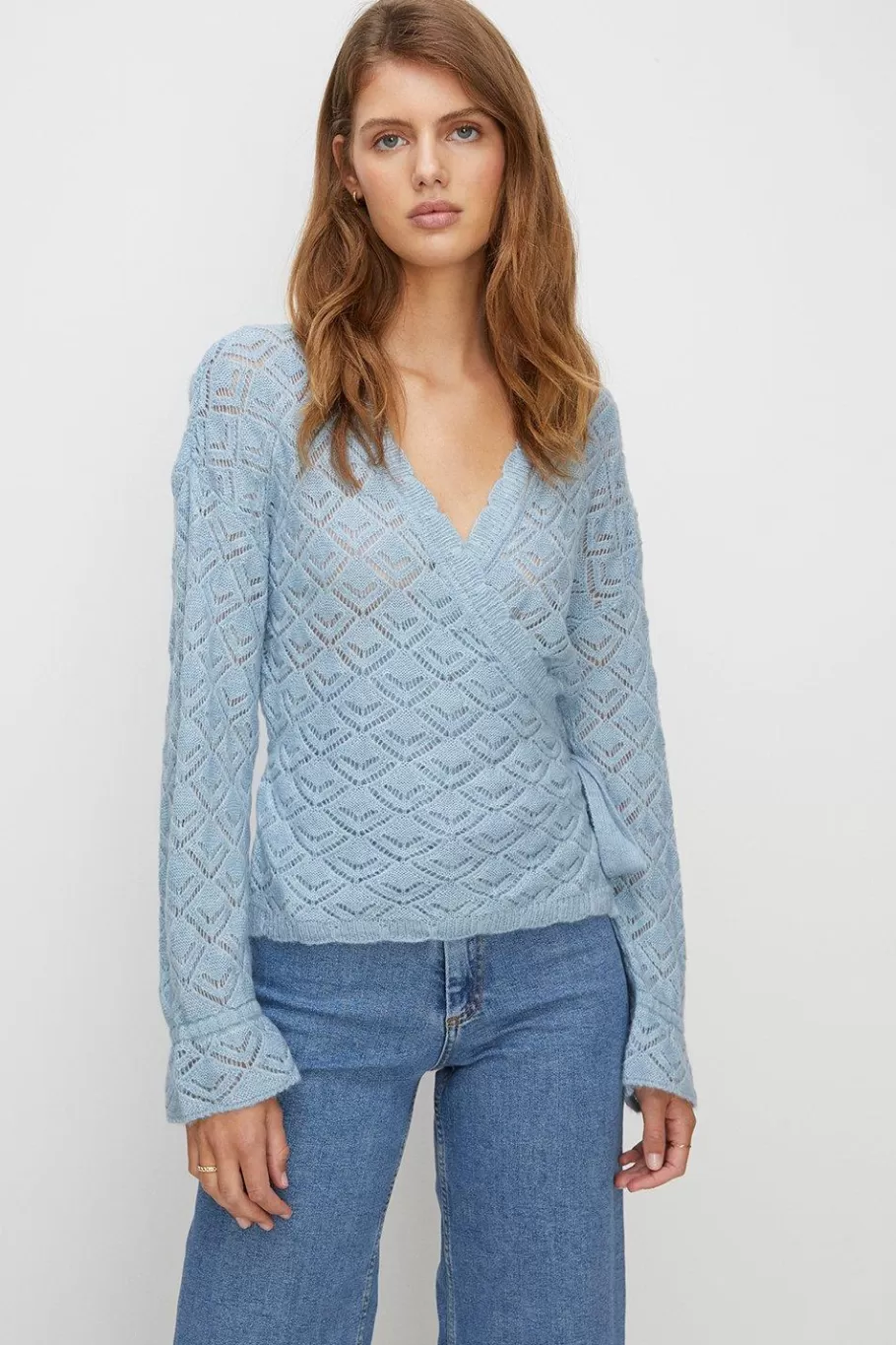 Oasis Pointelle Lofty Soft Touch Wrap Jumper Blue Best Sale