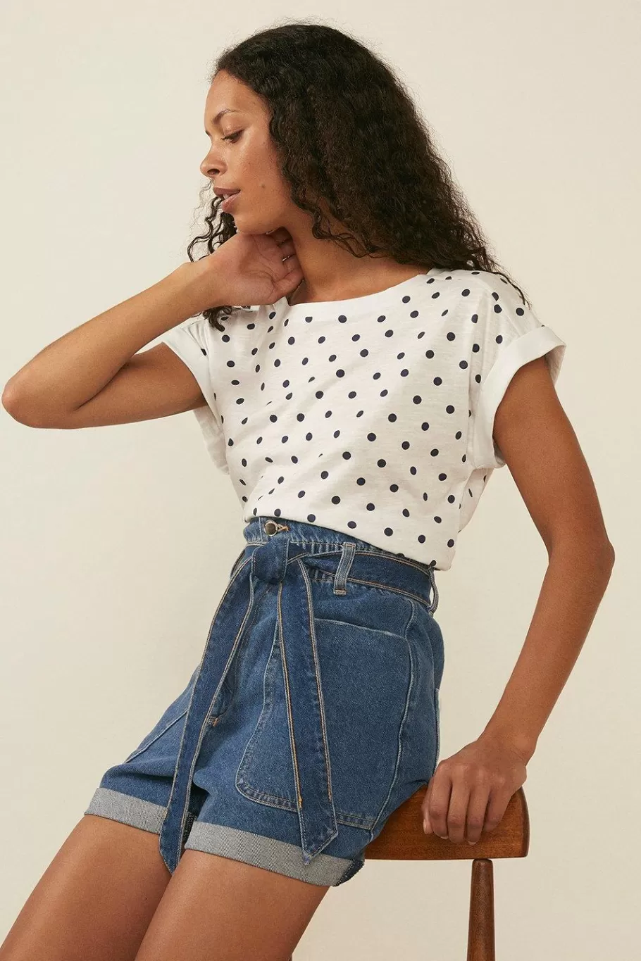 Oasis Polka Dot Organic Cotton Slub T-Shirt Navy Sale