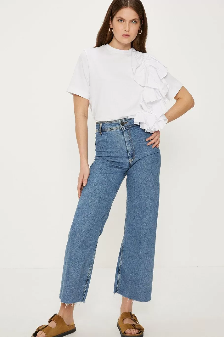 Oasis Poplin Ruffle Cotton Boxy T-Shirt White Best