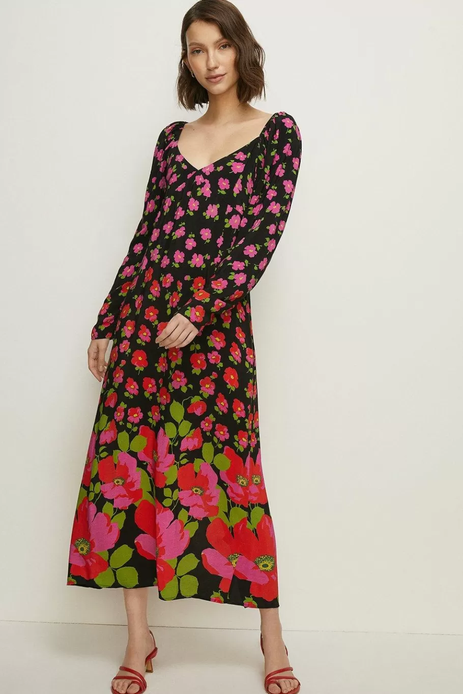 Oasis Poppy Border Printed Volume Sleeve Midi Dress Black Best Sale