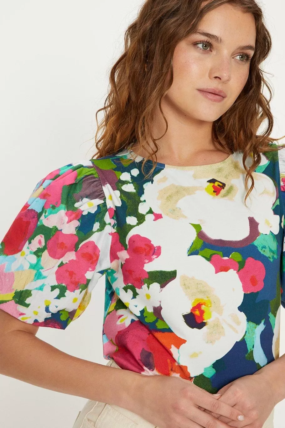 Oasis Posey Floral Woven Mix Puff Sleeve Tshirt Multi Flash Sale