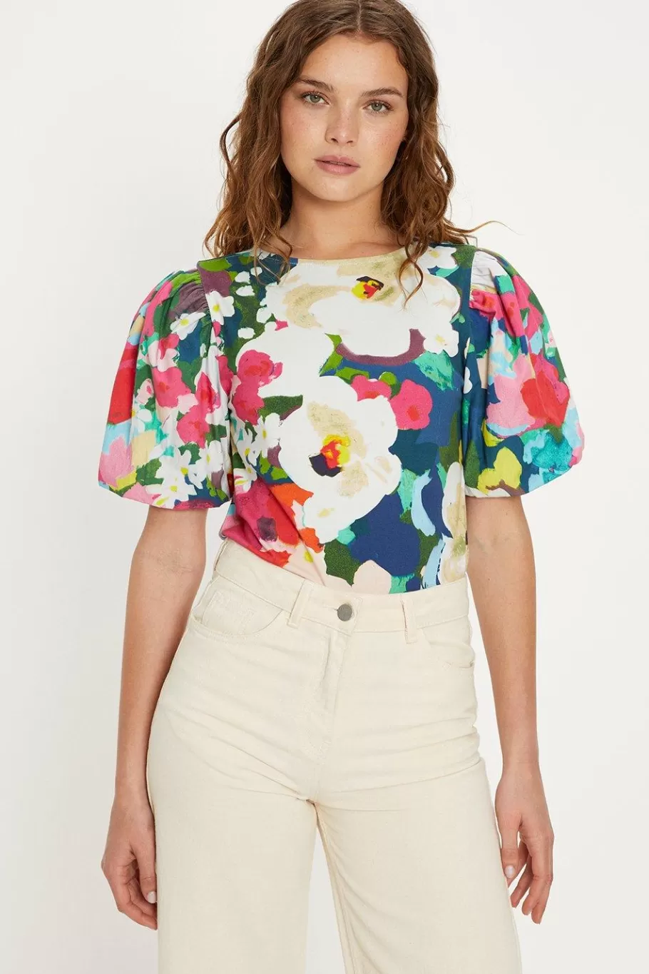 Oasis Posey Floral Woven Mix Puff Sleeve Tshirt Multi Flash Sale