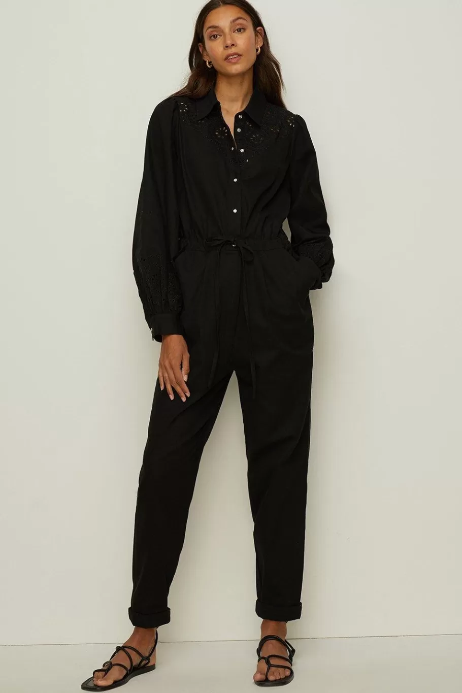 Oasis Premium Broderie Jumpsuit Black Clearance