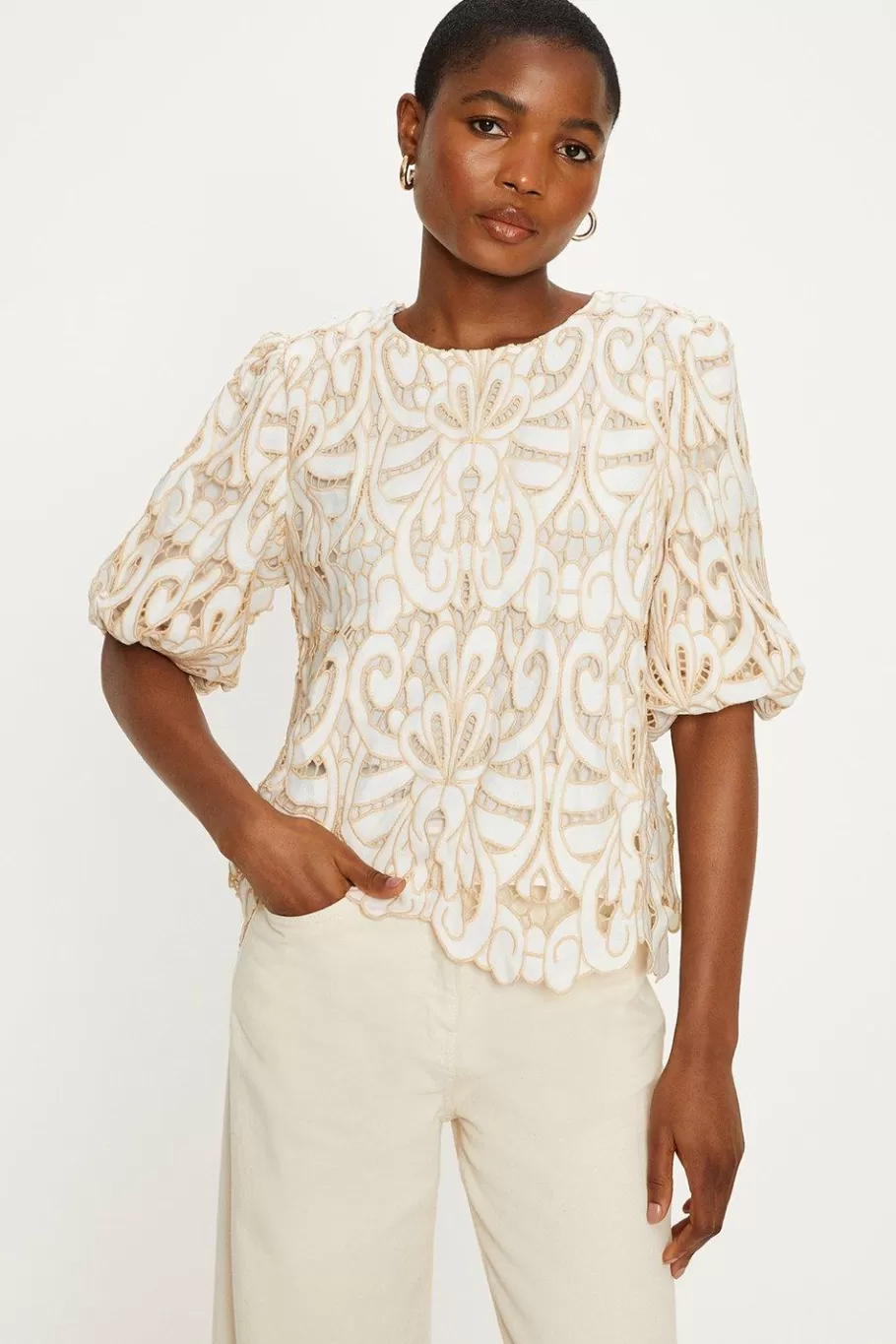 Oasis Premium Cutwork Puff Sleeve Top Ivory Flash Sale