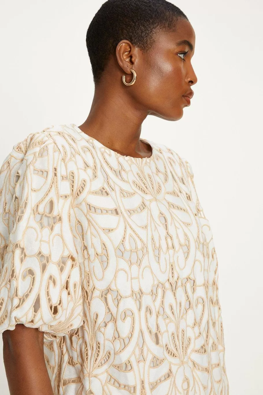 Oasis Premium Cutwork Puff Sleeve Top Ivory Flash Sale