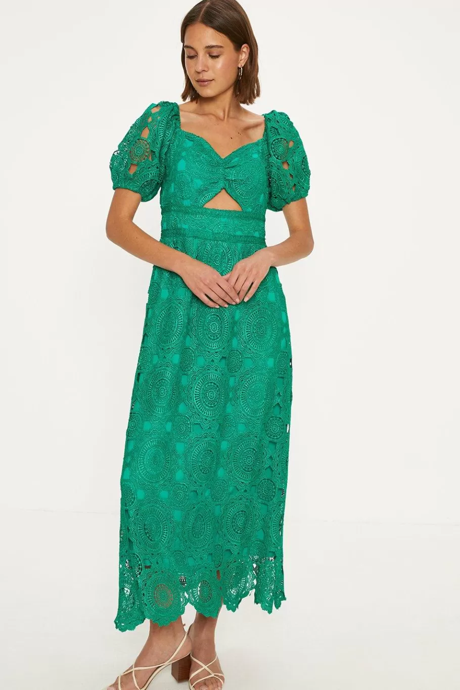 Oasis Premium Floral Lace Cut Out Midi Dress Bright Green Outlet