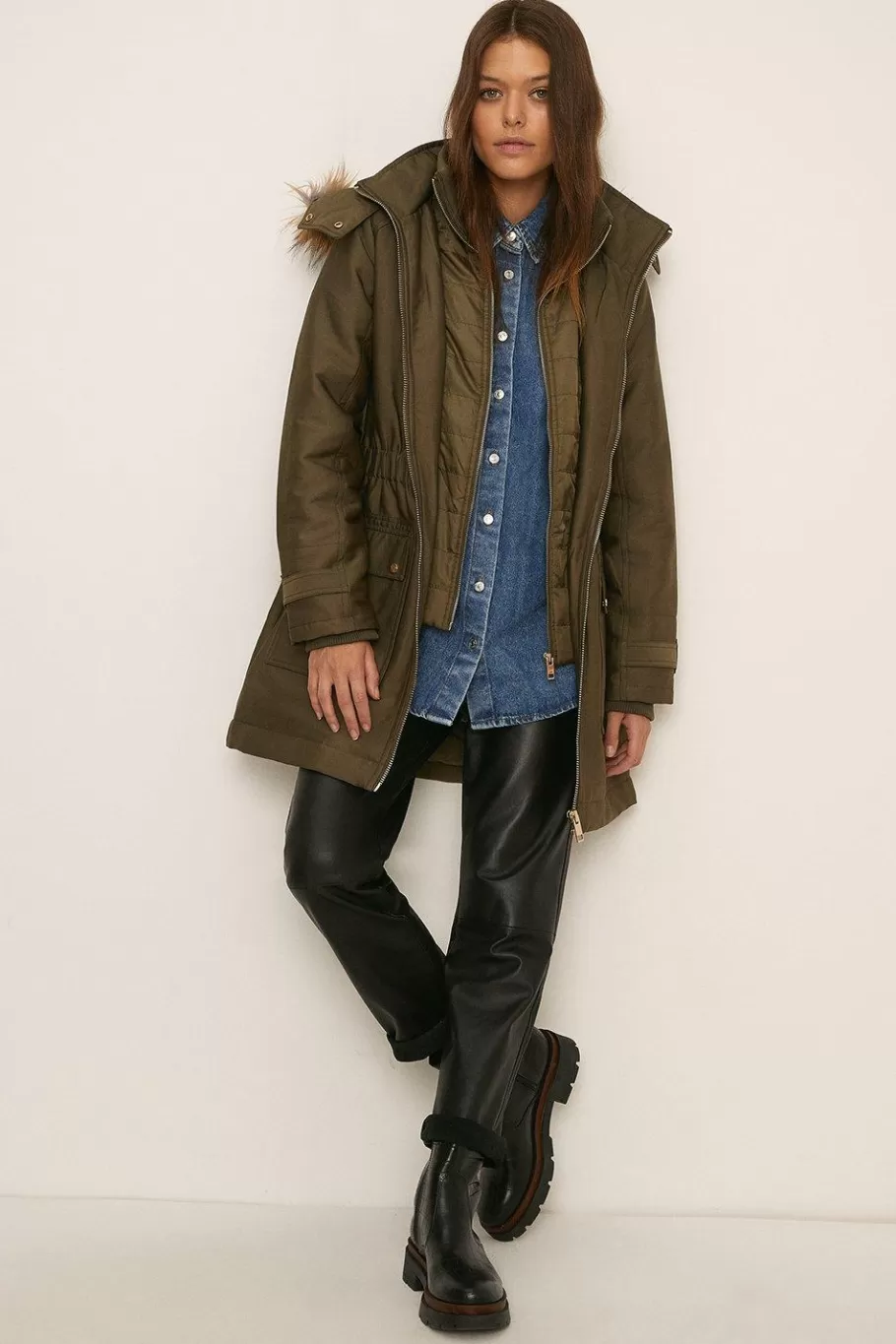 Oasis Premium Fur Hood Padded Winter Parka Coat Khaki Sale