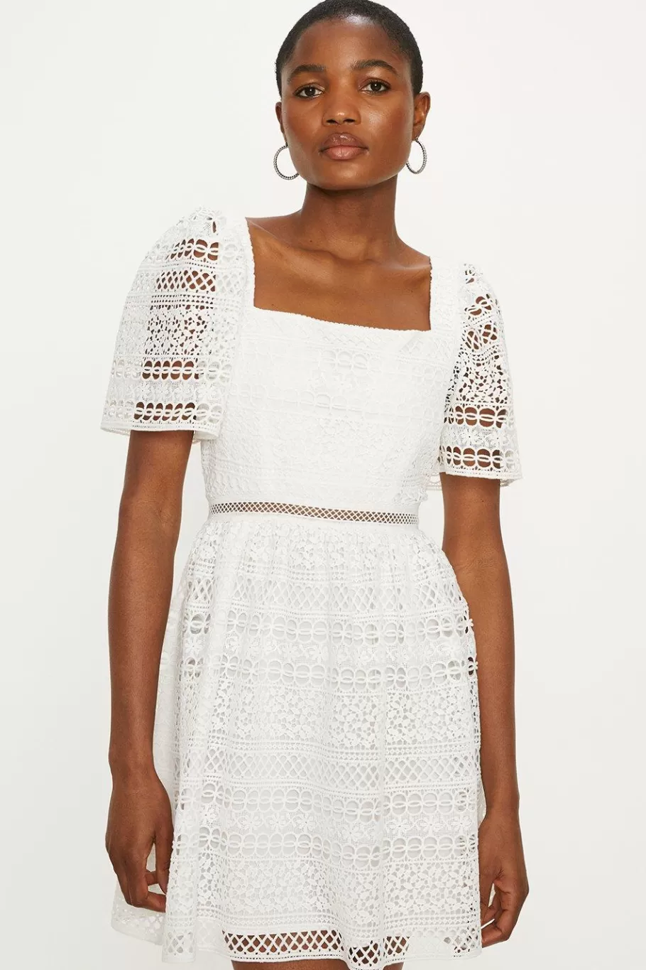 Oasis Premium Geo Lace Square Neck Skater Dress White Sale