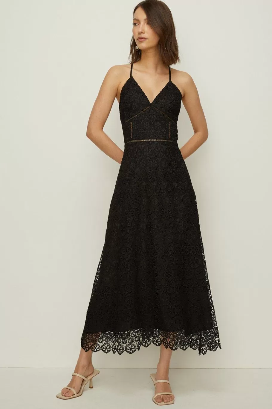 Oasis Premium Geo Lace Strappy V Neck Midi Dress Black Flash Sale