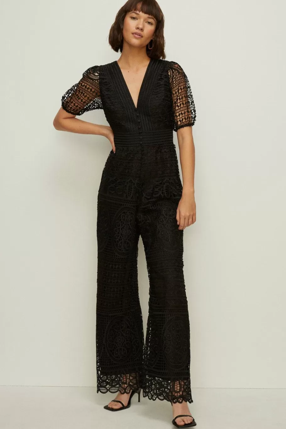 Oasis Premium Lace V Neck Jumpsuit Black New