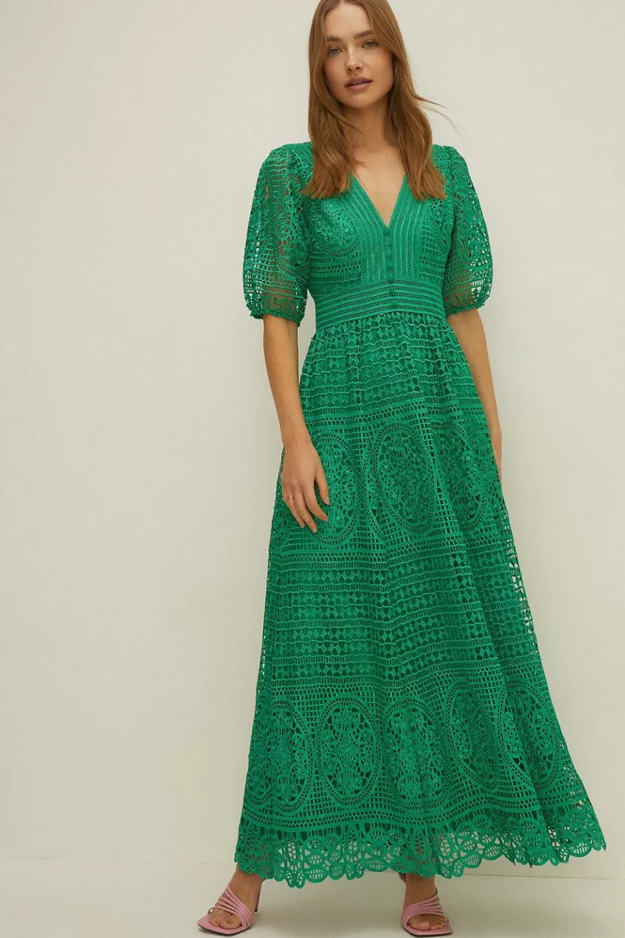 Oasis Premium Lace V Neck Maxi Dress Bright Green Outlet