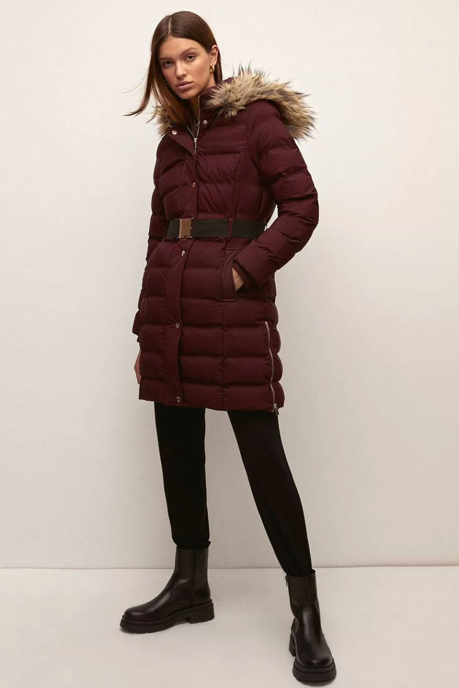 Oasis Premium Midi Belted Padded Jacket Khaki Best