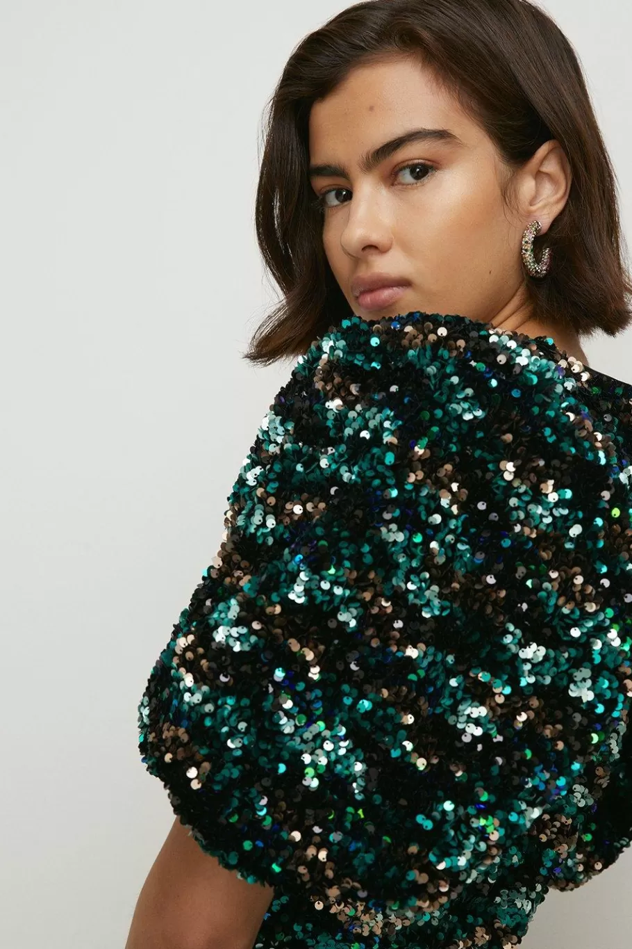 Oasis Premium Mixed Sequin Puff Sleeve Mini Green Store