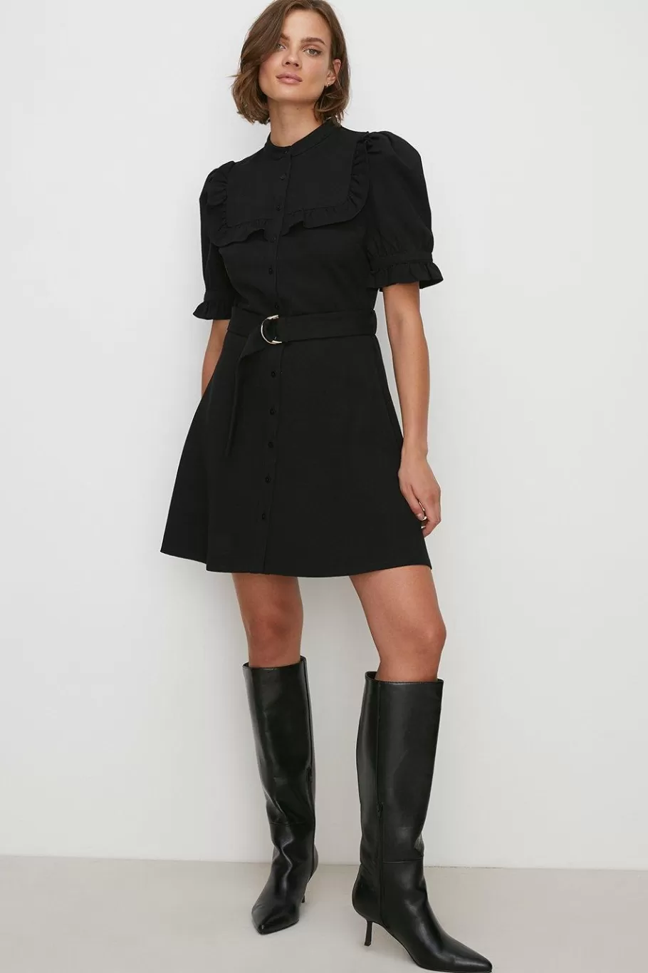 Oasis Premium Ponte Ruffle Detail Belted Mini Dress Black Online