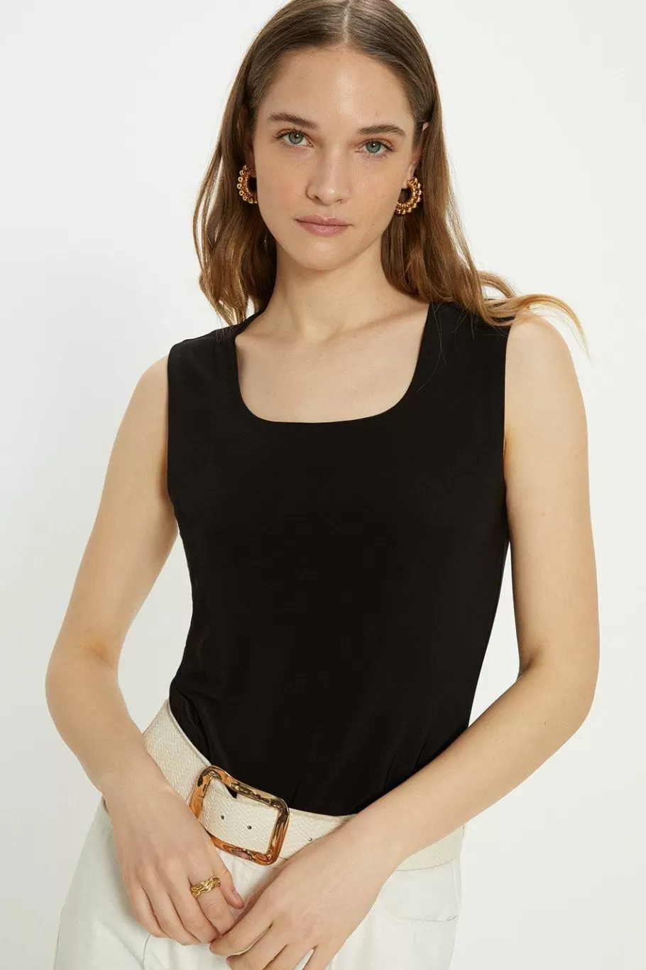 Oasis Premium Slinky Double Layer Scoop Neck Vest Black Sale