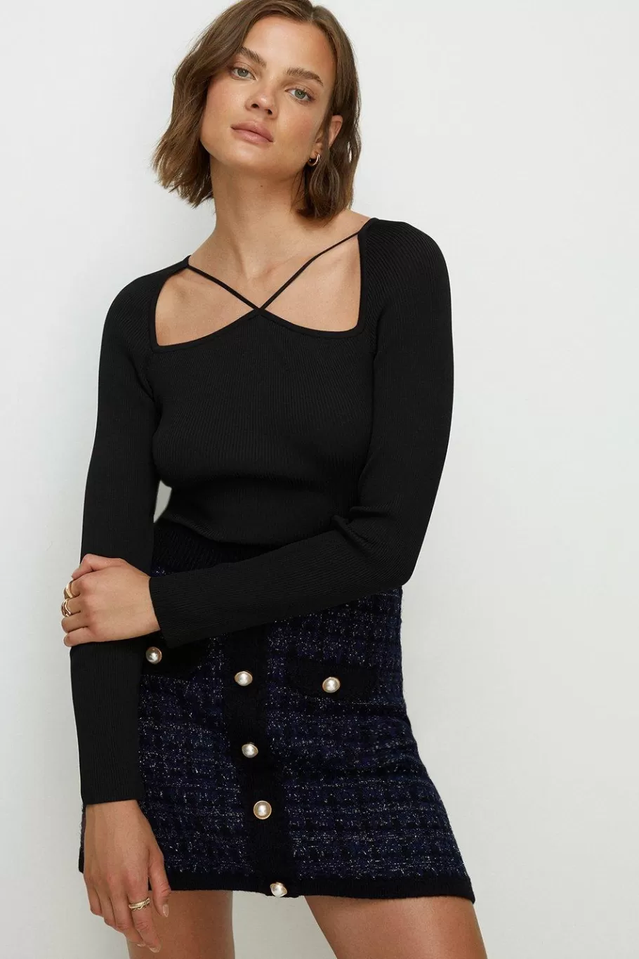 Oasis Premium Strappy Cut Out Rib Knit Top Oatmeal Sale