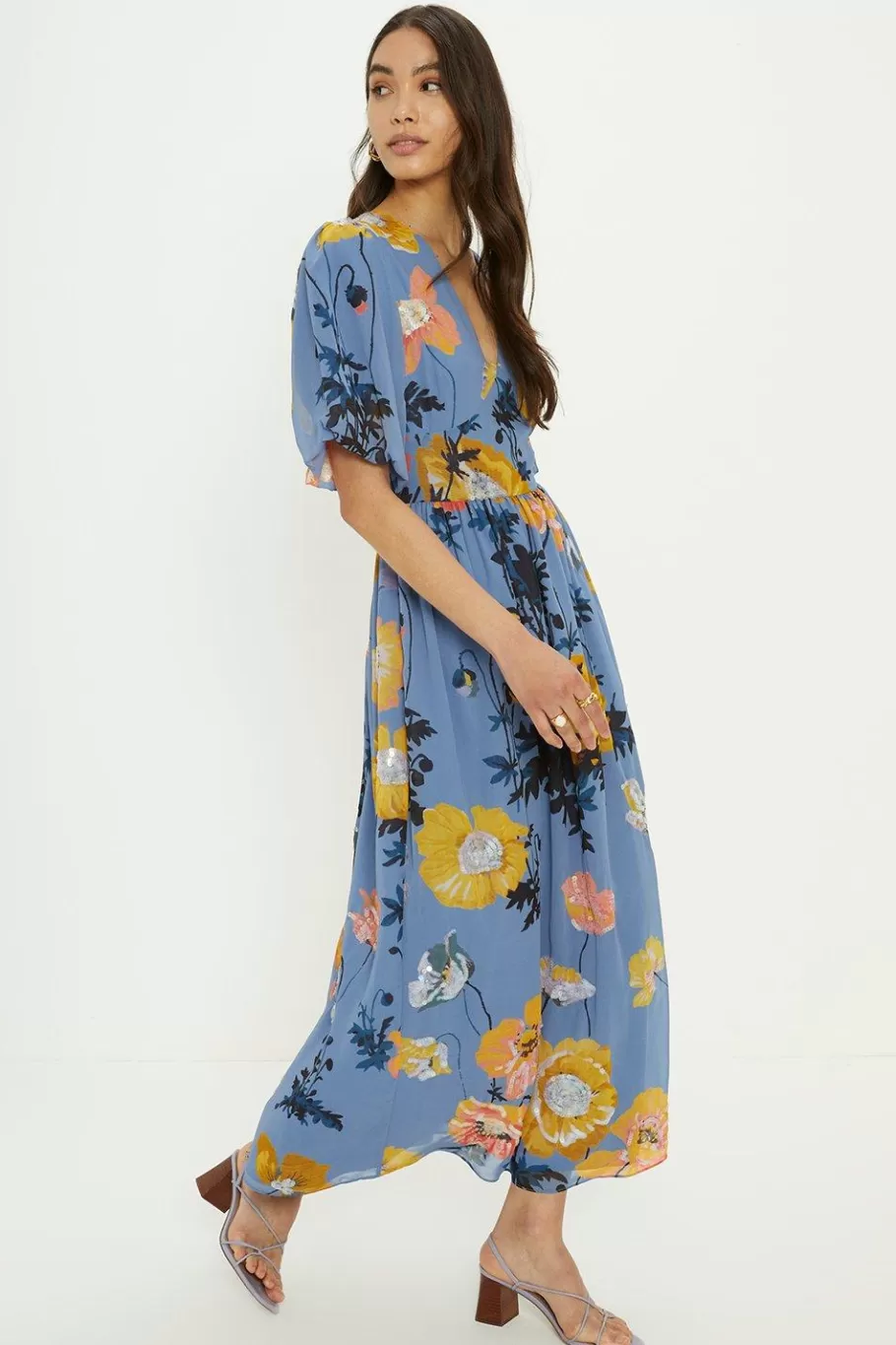 Oasis Pretty Sequin Floral V Neck Midi Dress Slate Blue Best