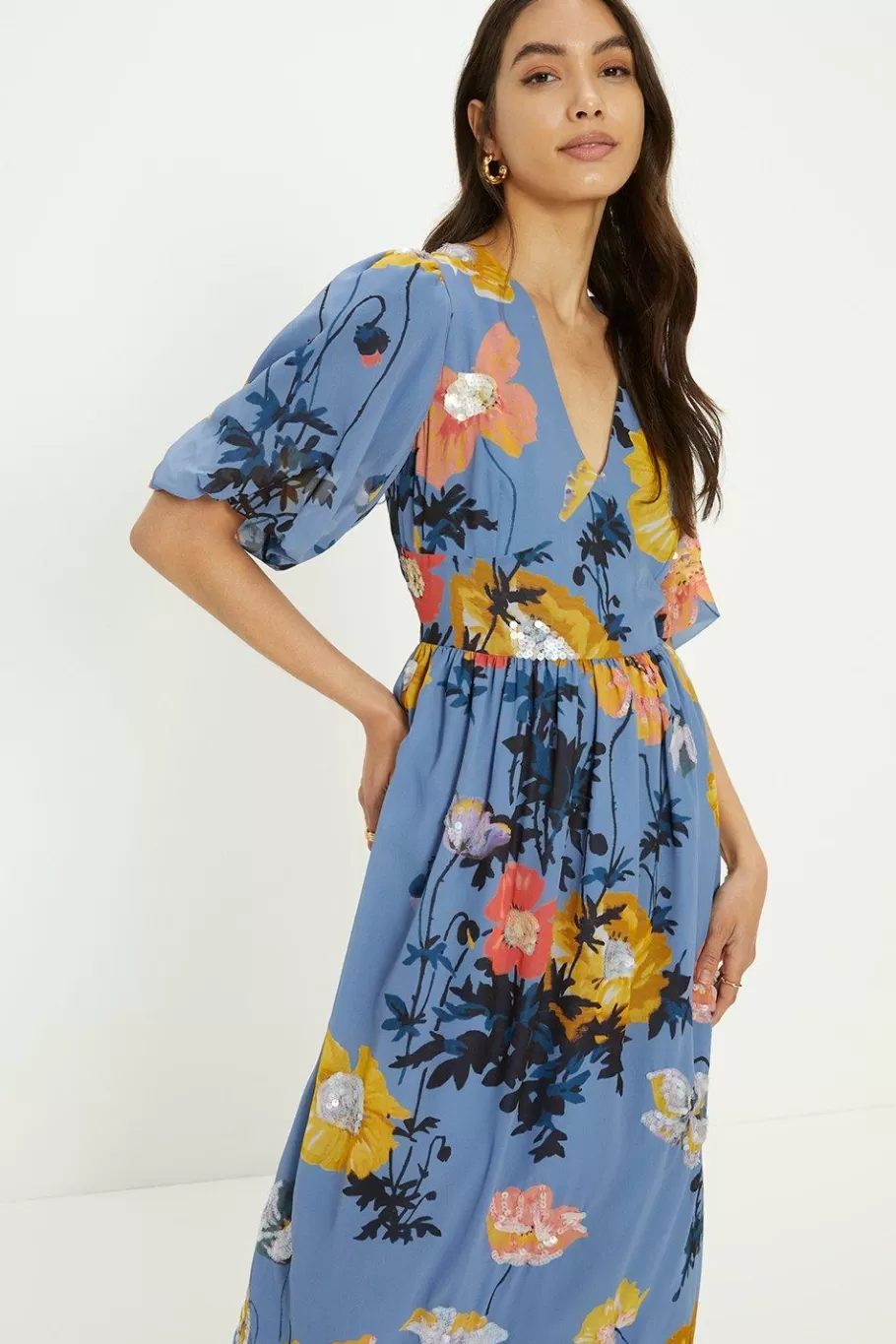 Oasis Pretty Sequin Floral V Neck Midi Dress Slate Blue Best