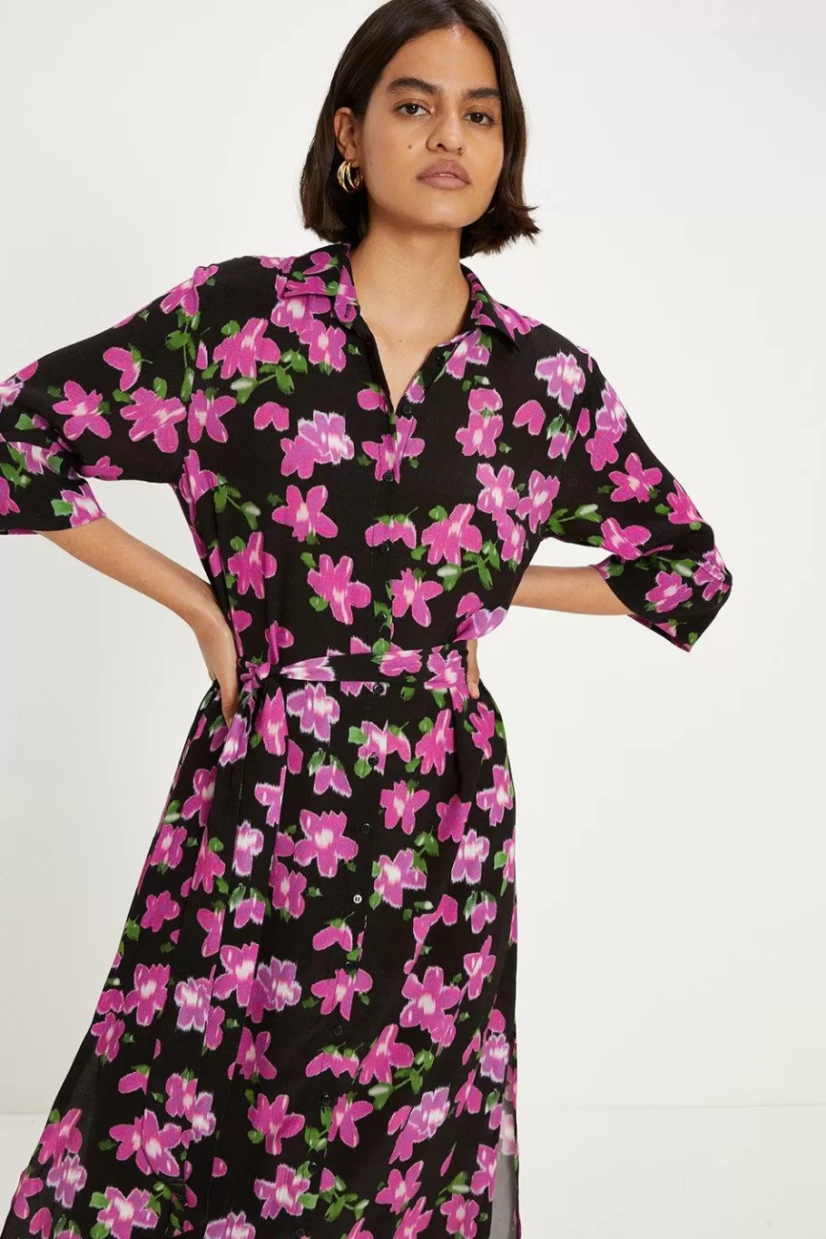 Oasis Print Belted Midi Shirt Dress Floral Best