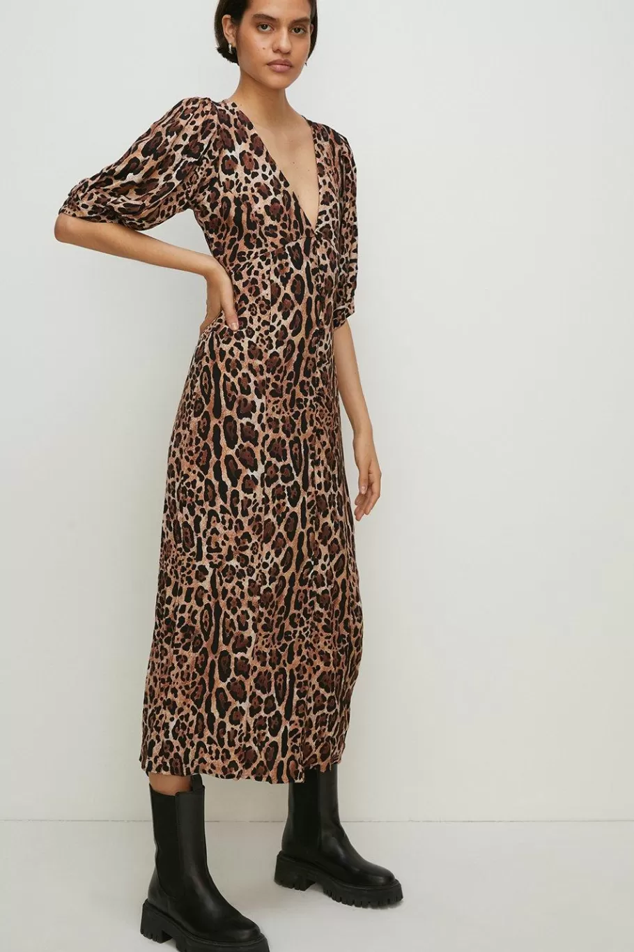 Oasis Print Puff Sleeve Button Midi Dress Animal Discount