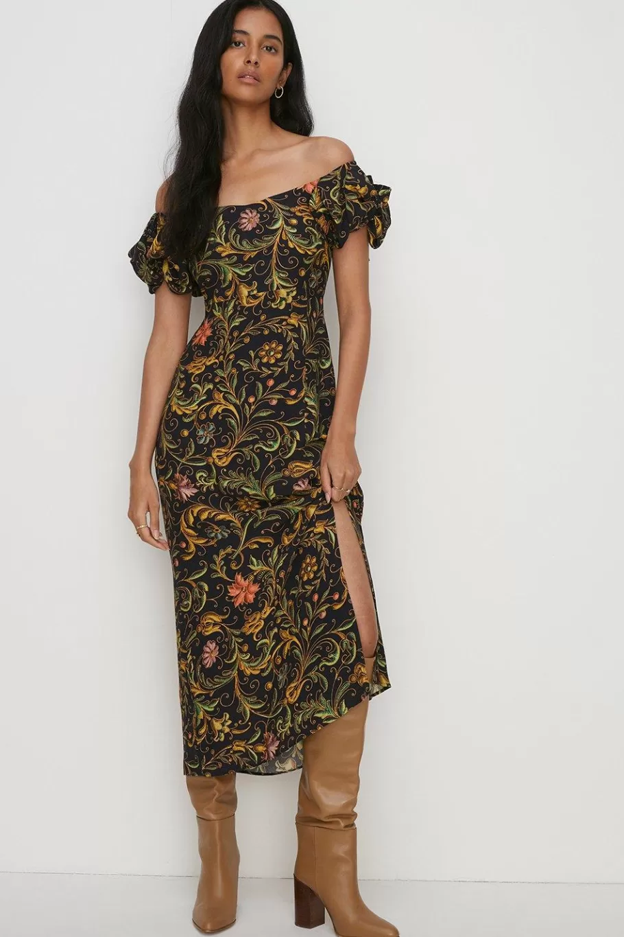 Oasis Printed Bardot Midi Dress Multi Shop