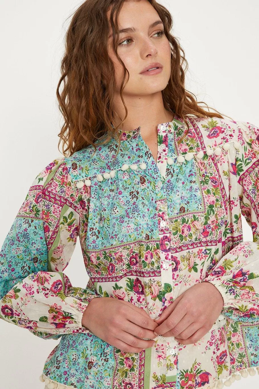 Oasis Printed Cotton Dobby Trim Detail Blouse Multi Clearance