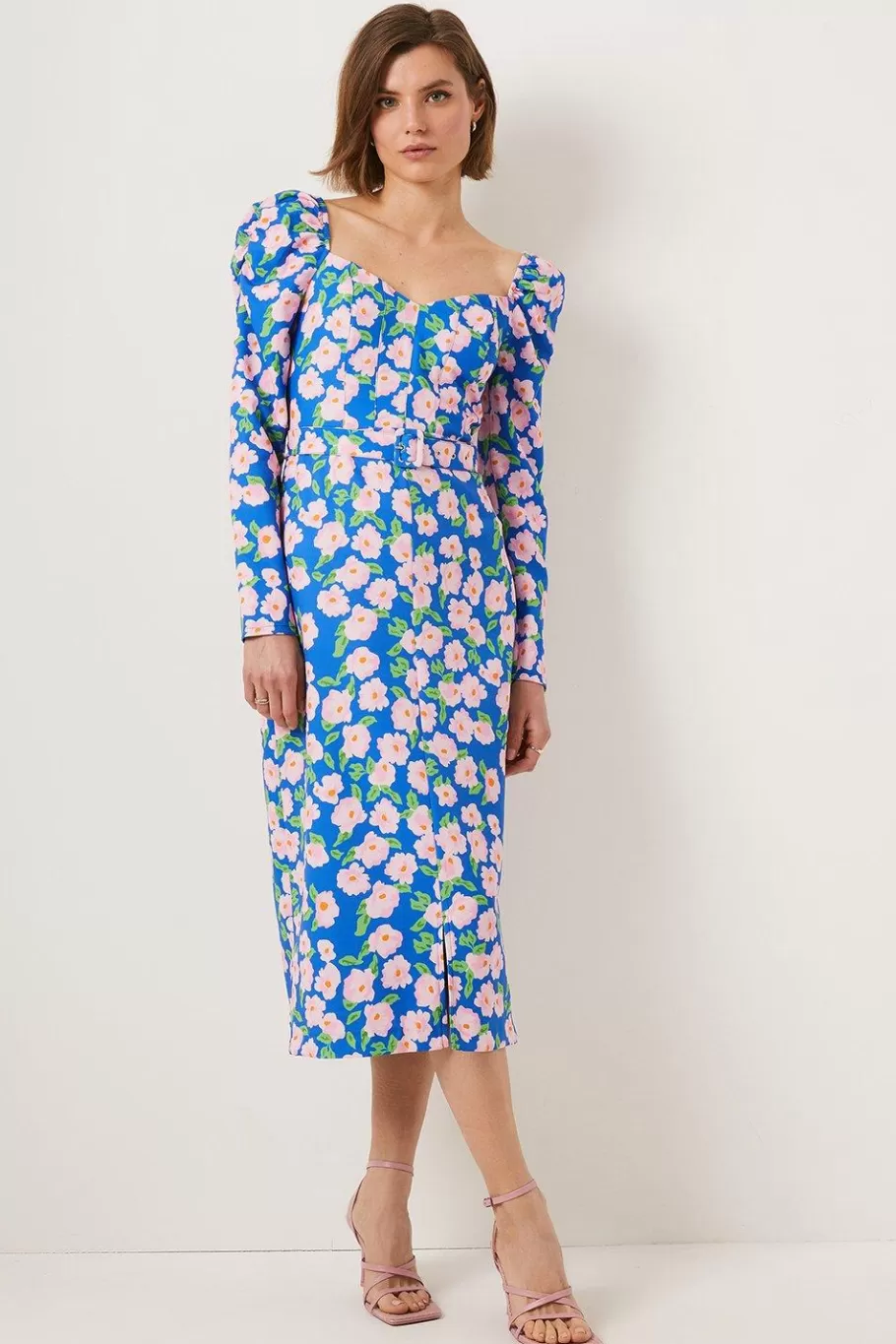 Oasis Printed Floral Puff Sleeve Midi Dress Blue Store