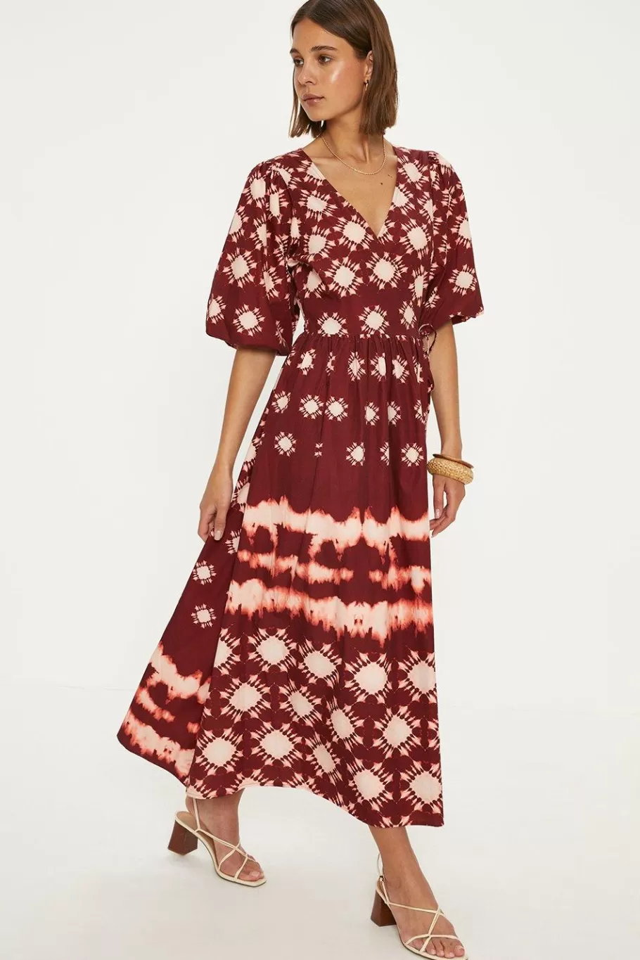 Oasis Printed Puff Sleeve Wrap Midi Dress Oxblood Clearance