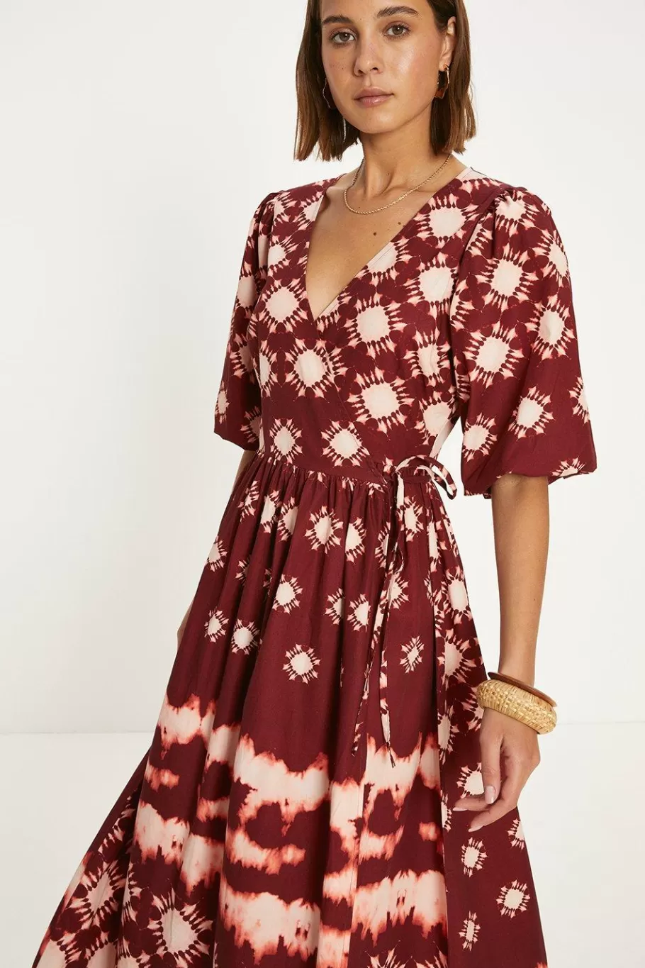 Oasis Printed Puff Sleeve Wrap Midi Dress Oxblood Clearance