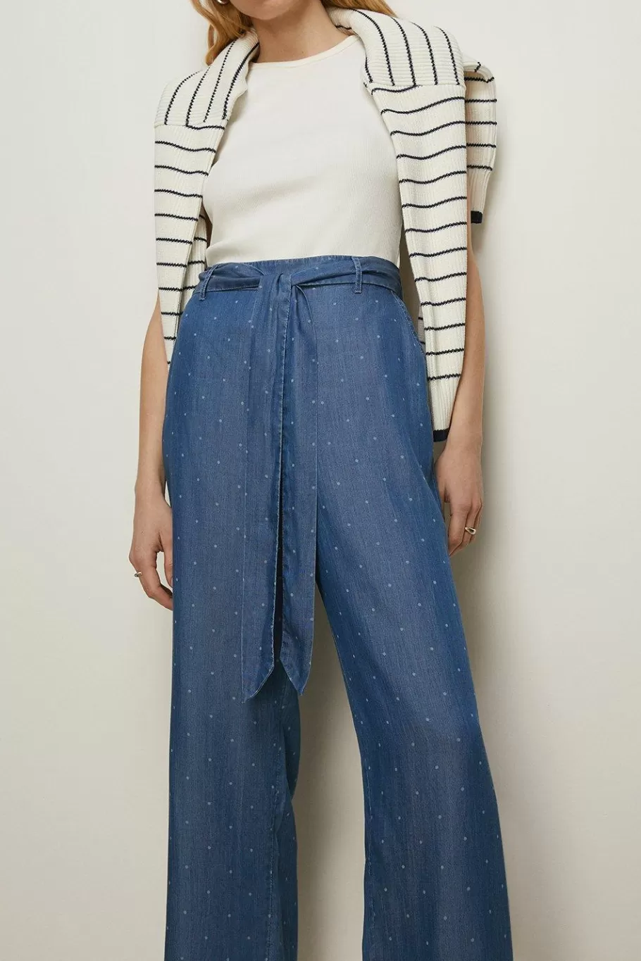 Oasis Printed Wide Leg Trouser Mid Blue Outlet