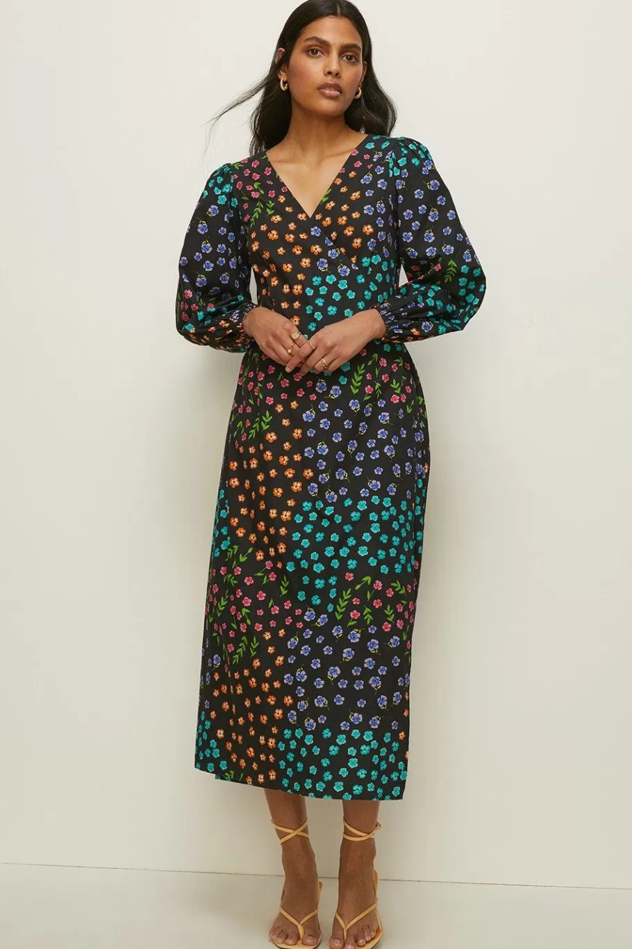 Oasis Printed Wrap Midi Dress Dark Green Store