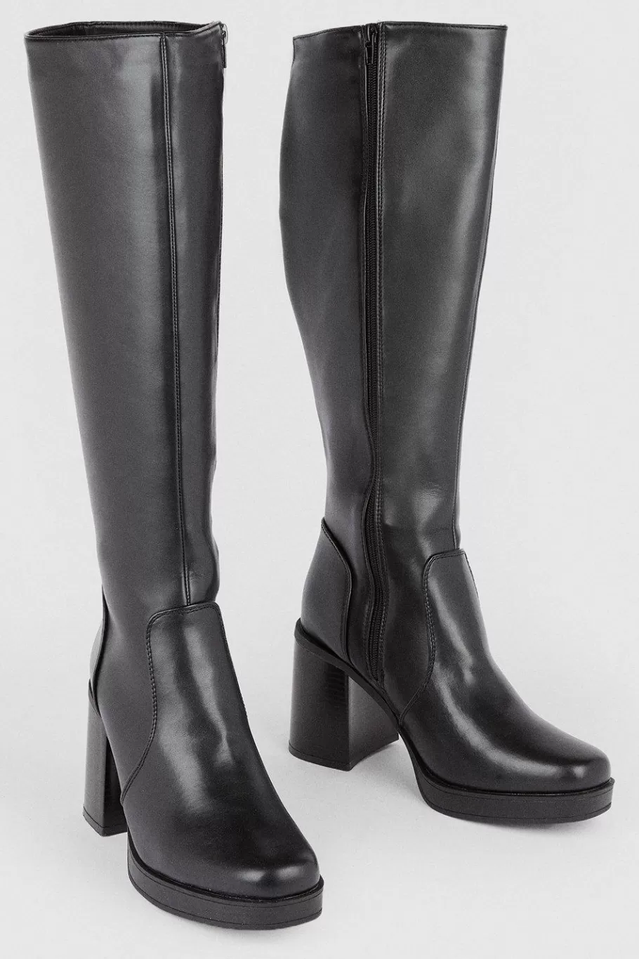 Oasis Pu Knee High Chunky Heeled Boot Black Sale